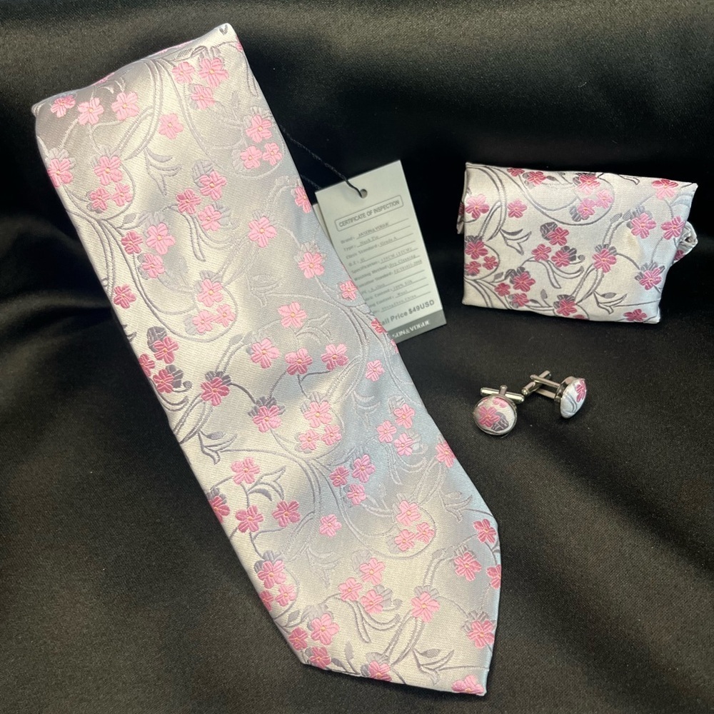 NWT- Silk Floral Pink and Gray Tie Set